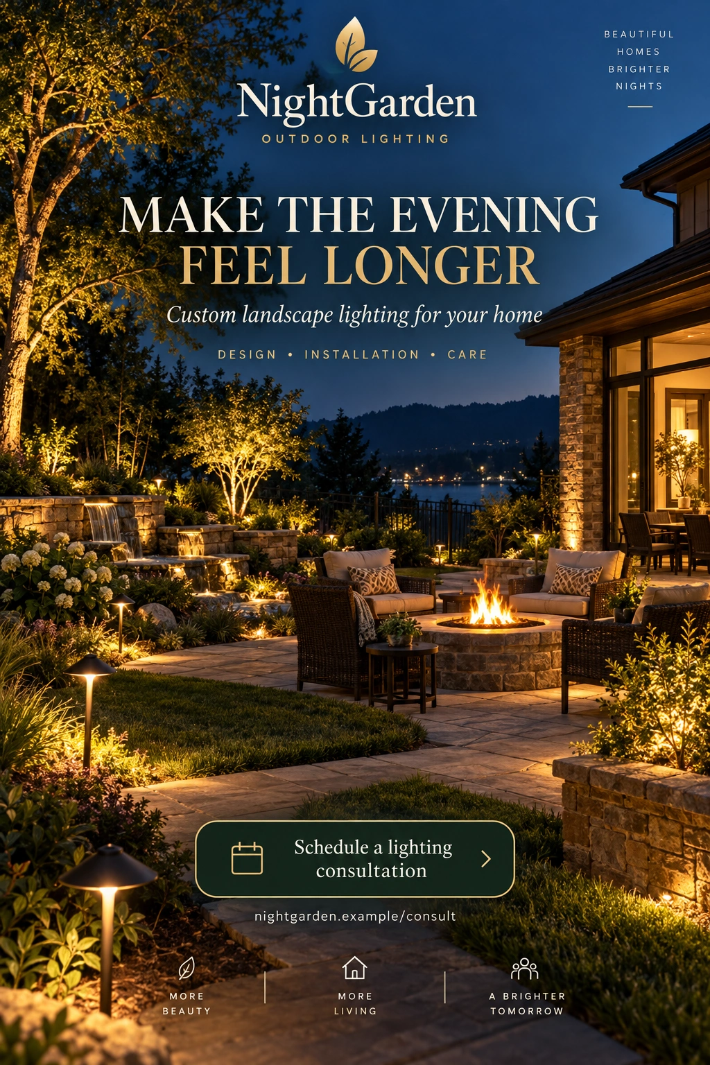 Lighting ad: make the evening feel longer; custom landscape lighting for your home; the lit path running up to the fire pit and the lit house at dusk; the consultation call to action at the foot.