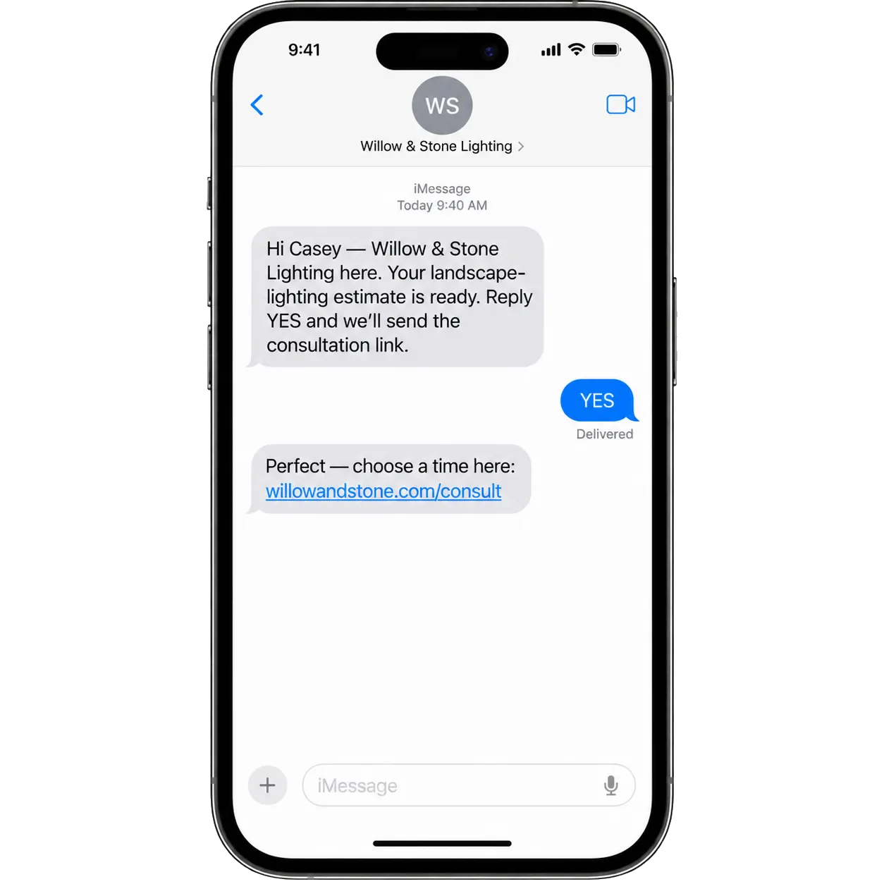 iPhone thread: the lighting estimate is ready; reply YES and we’ll send the consultation link; the YES; then the consultation link.