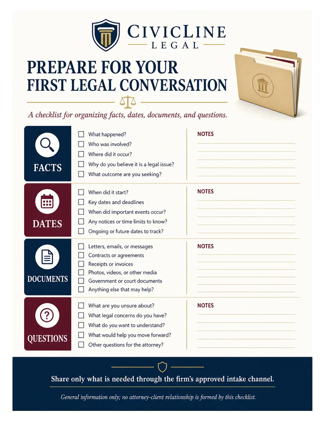 Client-intake checklist: prepare for your first legal conversation, a checklist for organizing facts, dates, documents and questions with its tick boxes and note lines left blank, and two lines at the foot — share only what is needed through the firm’s approved intake channel, and general information only, no attorney-client relationship is formed by this checklist.