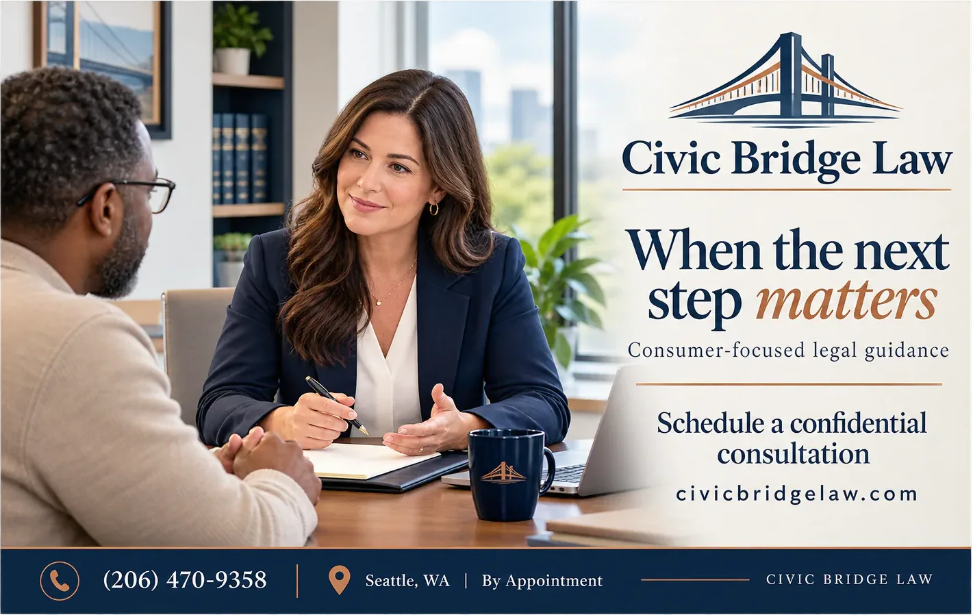 Consumer-law postcard: when the next step matters, consumer-focused legal guidance; schedule a confidential consultation, the firm’s own address, and a phone number, a city and a by-appointment line along the foot.