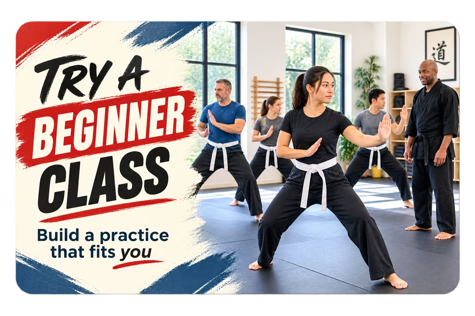Adult-beginner postcard: try a beginner class, build a practice that fits you; adults on the mat.
