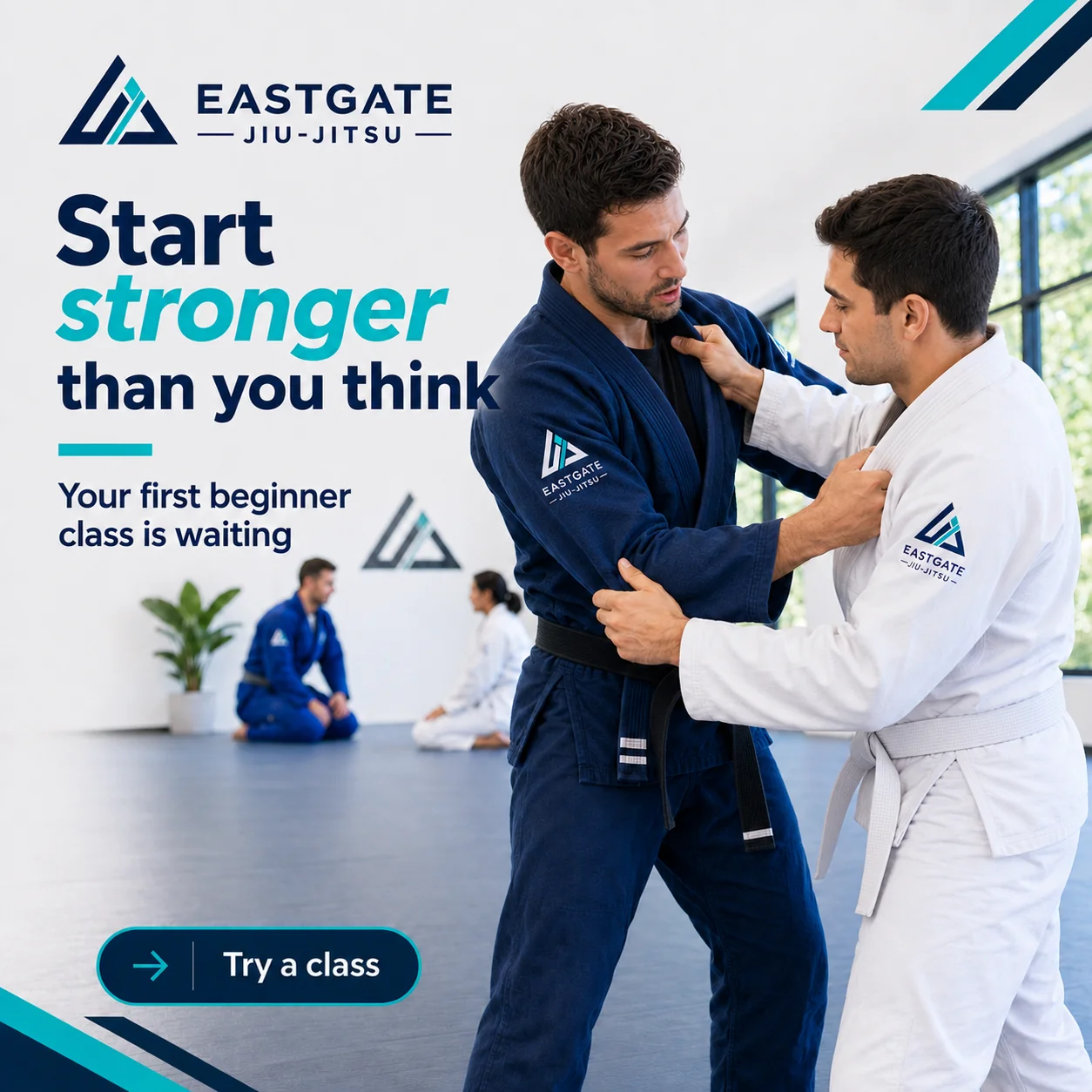 Beginner-class feed unit, adults on the mat: start stronger than you think, your first beginner class is waiting, try a class.