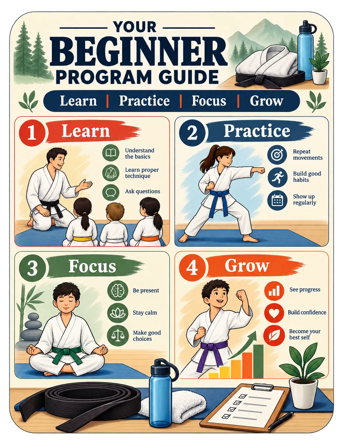 Beginner program guide: learn, practice, focus, grow; understand the basics, repeat movements, be present, see progress.