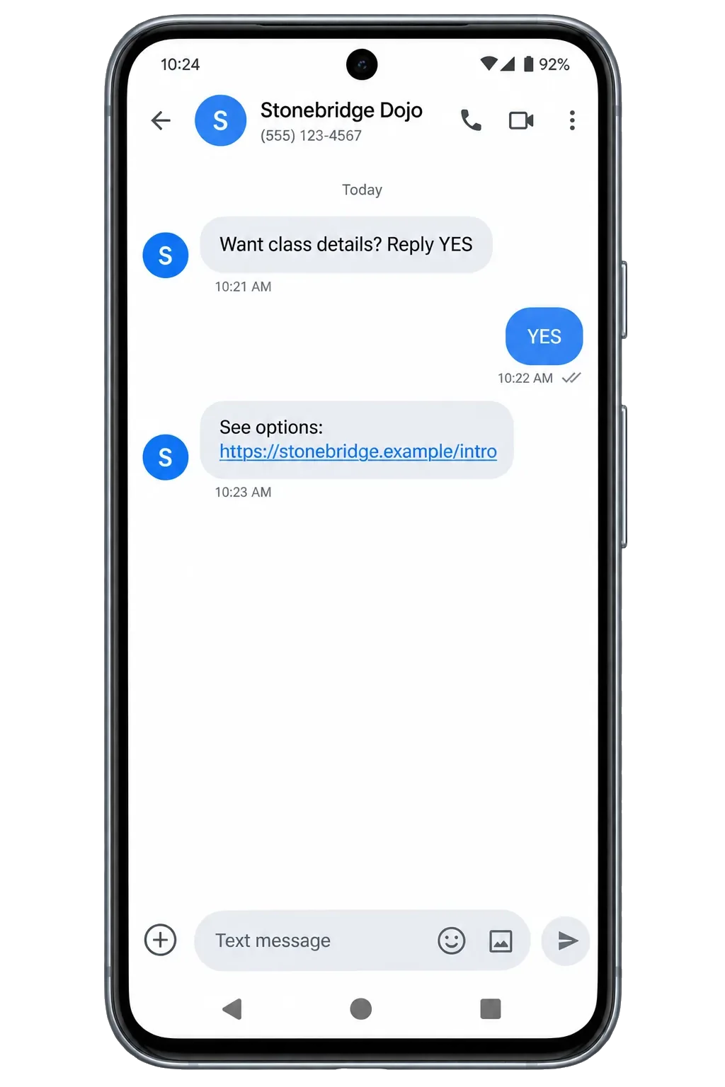 Class-details text: want class details, reply YES; the YES; then see options, the class link.