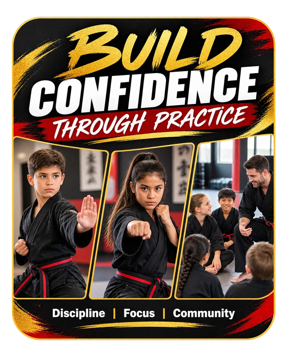 Confidence carousel, kids on the mat: build confidence through practice; discipline, focus, community.