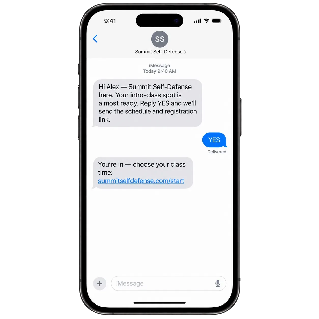 Introductory-class follow-up text: your intro-class spot is almost ready, reply YES for the schedule and registration link; the YES; then you’re in, choose your class time, the link.