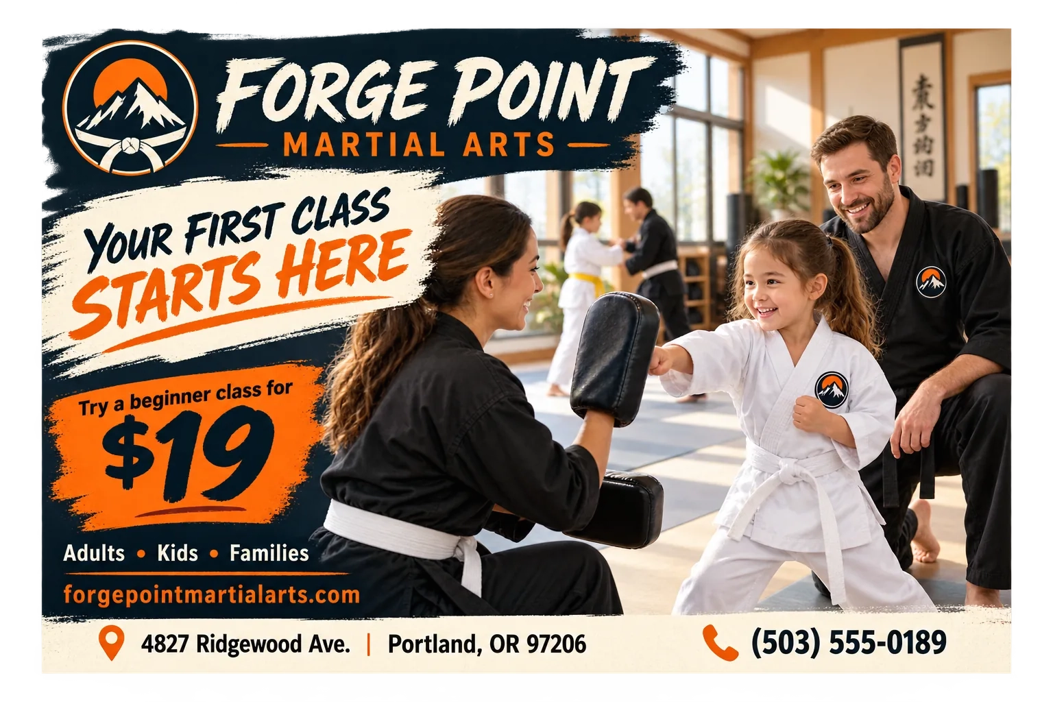 Introductory-class postcard: your first class starts here, try a beginner class; adults, kids, families; the school’s address, phone and web address.