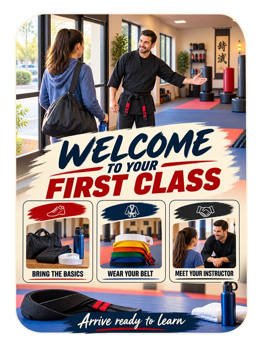 New-student welcome sheet: welcome to your first class; bring the basics, wear your belt, meet your instructor; arrive ready to learn.
