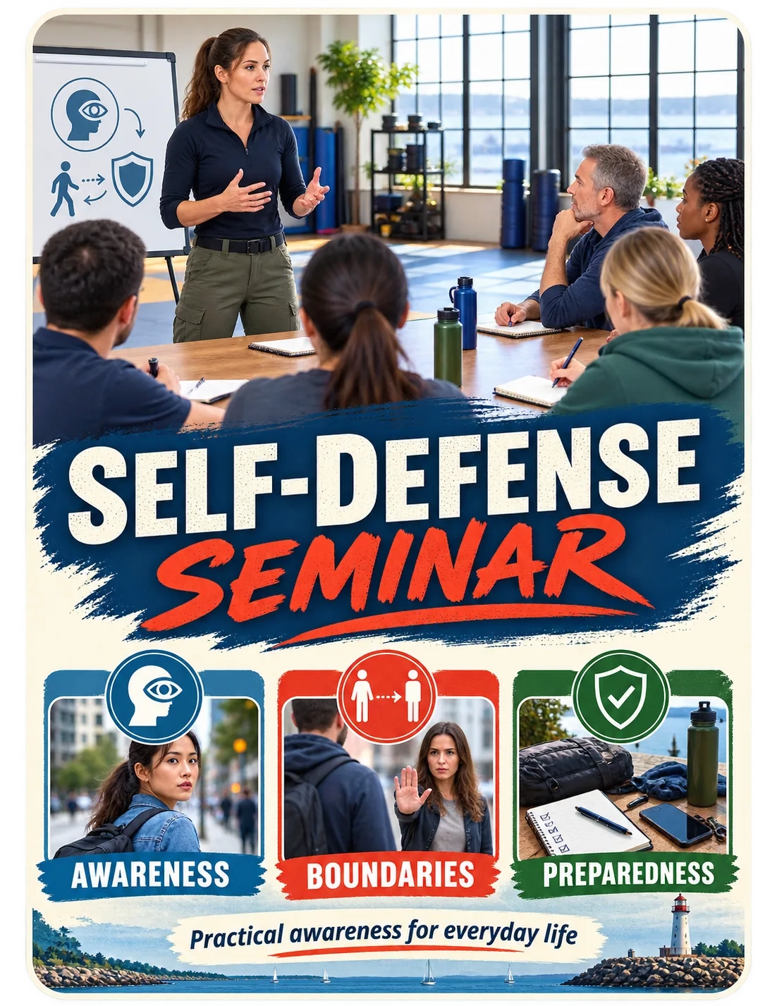 Self-defense seminar one-sheet: awareness, boundaries, preparedness; practical awareness for everyday life.