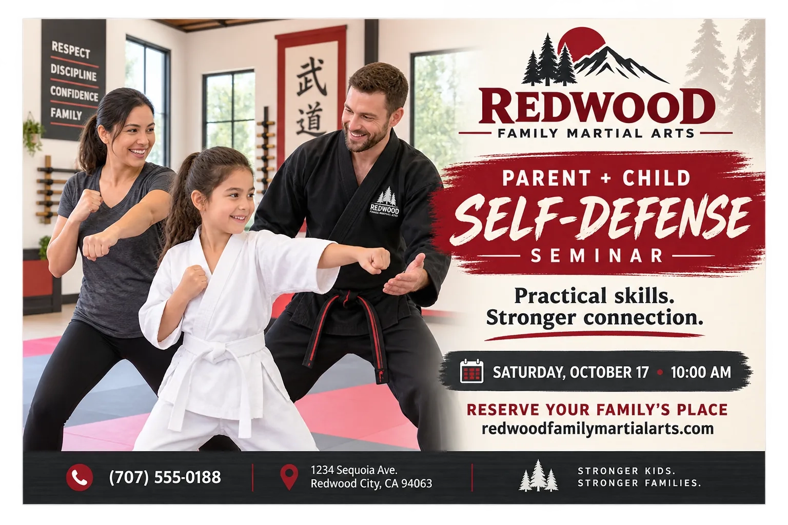 Parent-and-child self-defense seminar postcard: practical skills, stronger connection; the seminar’s day and time printed on the card; reserve your family’s place, the school’s web address and phone.