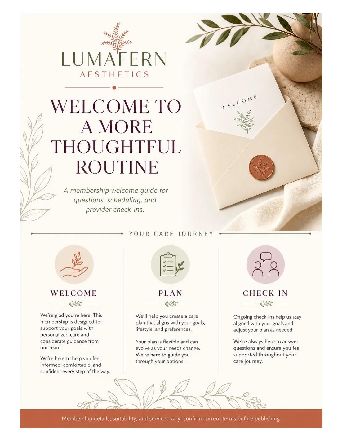 Membership welcome kit: welcome to a more thoughtful routine; a membership welcome guide for questions, scheduling and provider check-ins; welcome, plan, check in; the sealed welcome envelope.