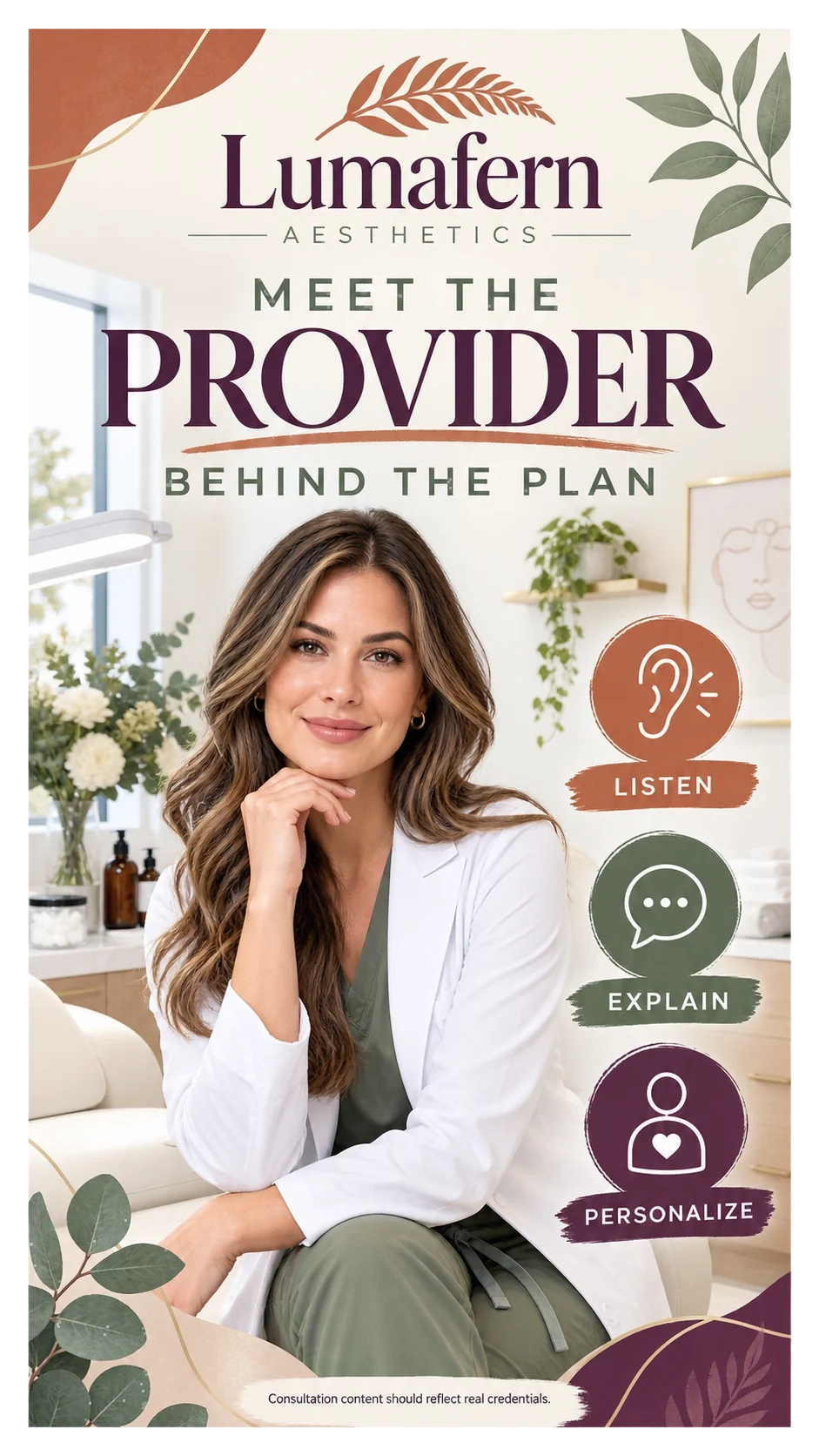 Provider Reel: meet the provider behind the plan; listen, explain, personalize; the provider in the consultation room, and the clinic’s name at the head.