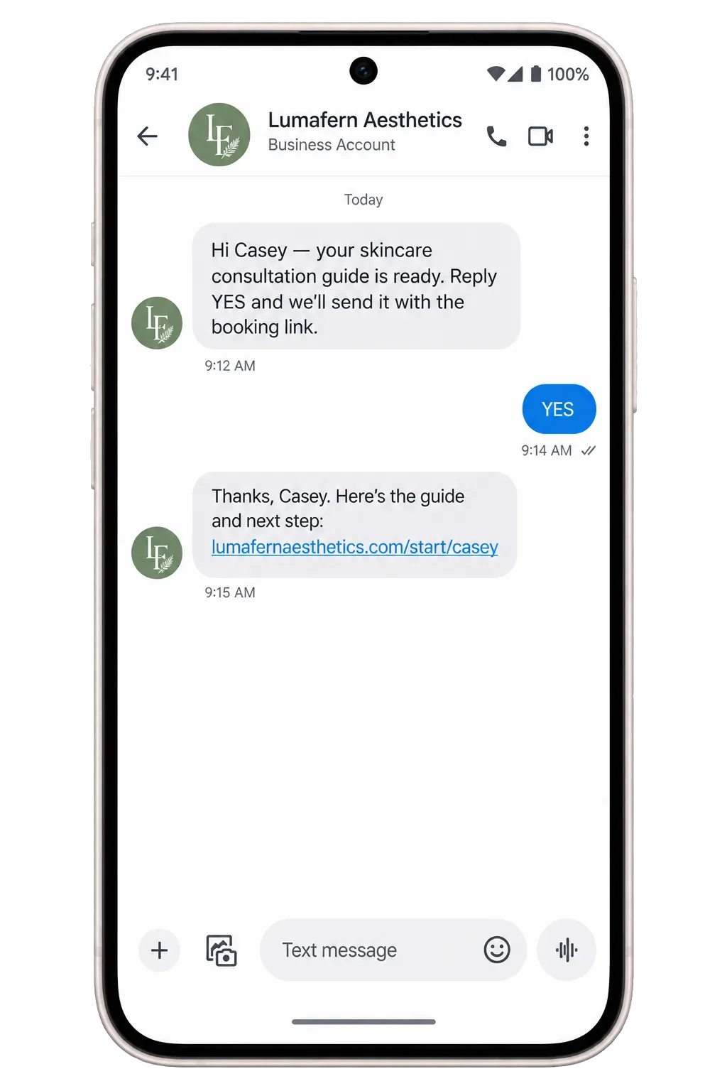 Rebooking follow-up text, addressed by first name: your skincare consultation guide is ready, reply YES and we’ll send it with the booking link; the YES; then the guide and next step.