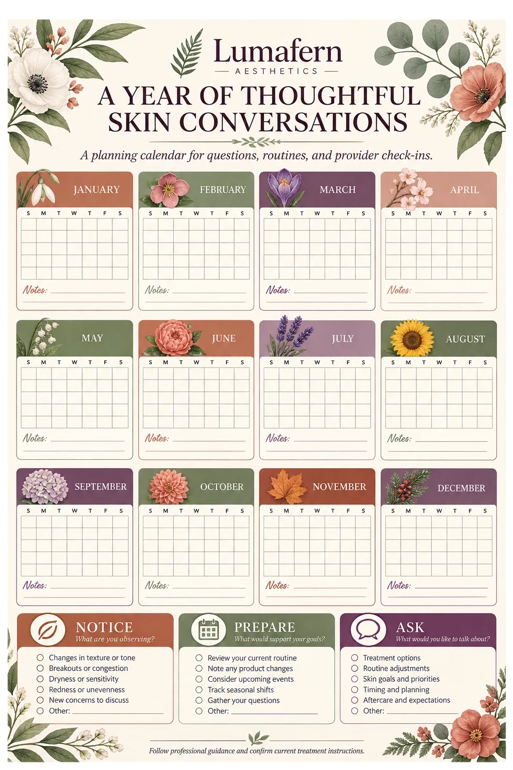 Seasonal skincare calendar: a year of thoughtful skin conversations; twelve month grids with a notes line each; notice, prepare, ask.