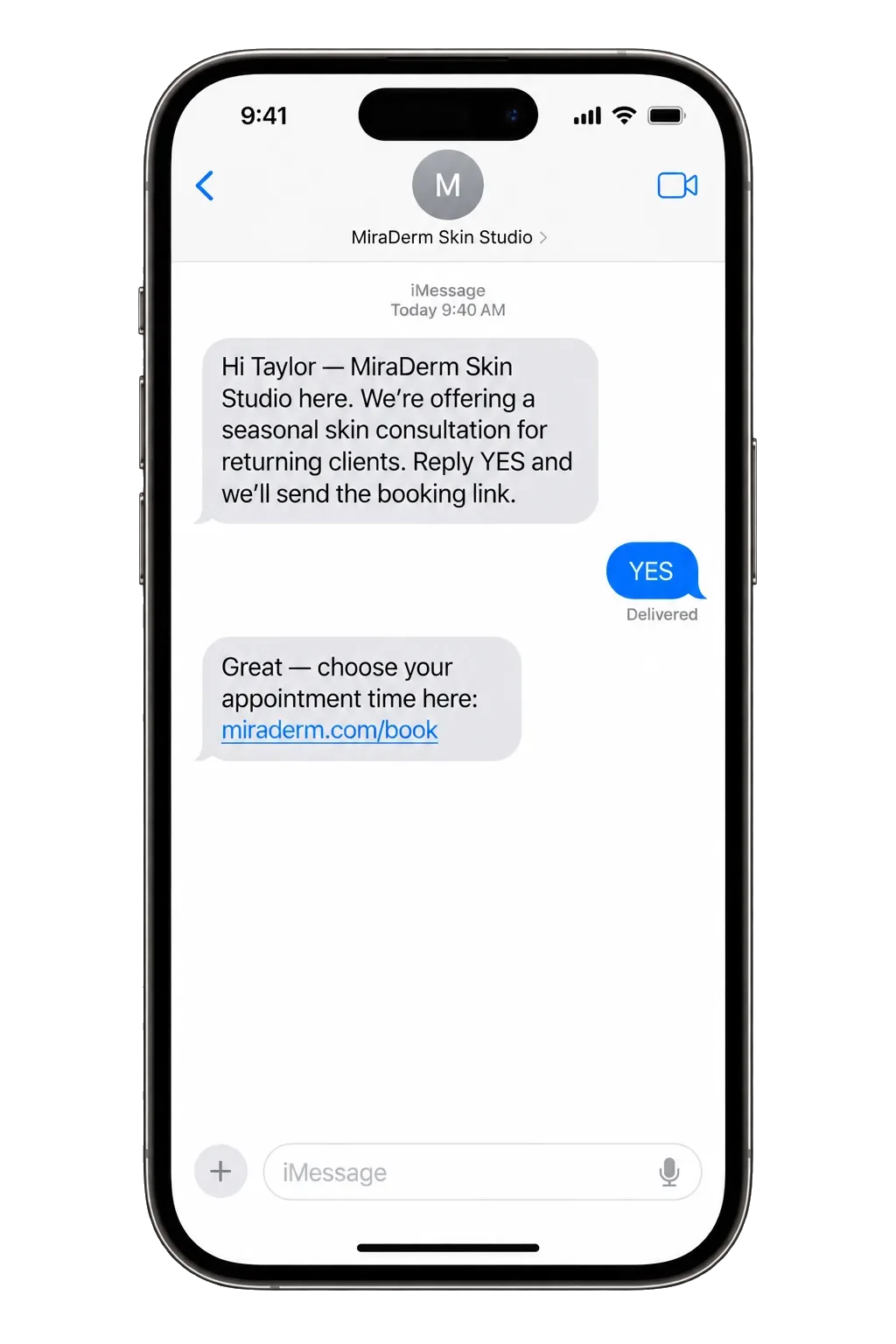 Reactivation text, addressed by first name: a seasonal skin consultation for returning clients, reply YES and we’ll send the booking link; the YES; then choose your appointment time, the booking link.