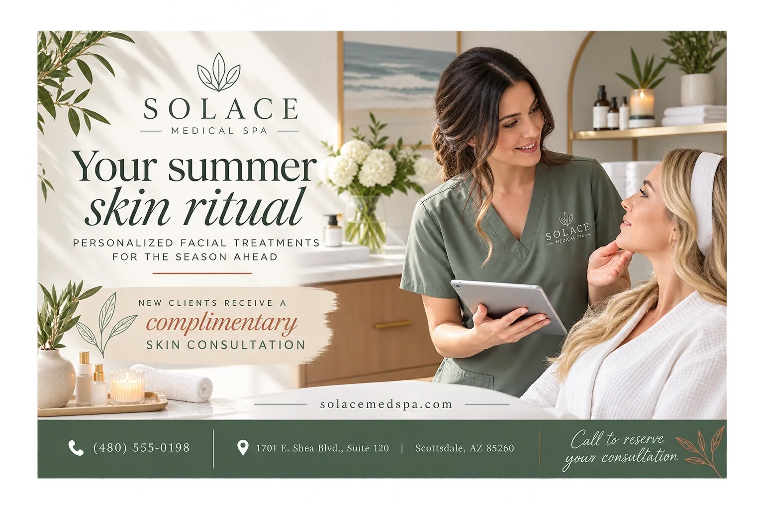 Seasonal postcard: your summer skin ritual, personalized facial treatments for the season ahead; new clients receive a complimentary skin consultation; the clinician with her tablet beside the chair; call to reserve your consultation, and the clinic’s address and phone.