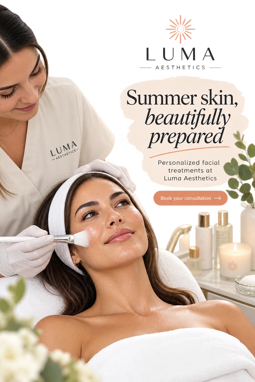 Treatment feed unit: summer skin, beautifully prepared; personalized facial treatments; the clinician at work in the treatment room; book your consultation.