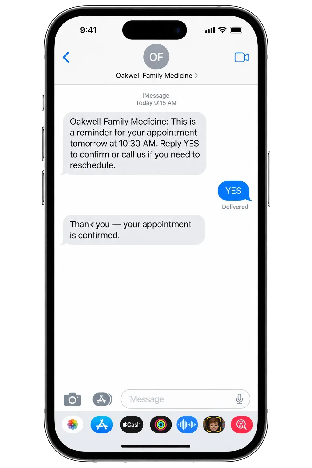 Appointment reminder text: a reminder for tomorrow’s appointment, reply YES to confirm or call to reschedule; the YES; then the confirmation.