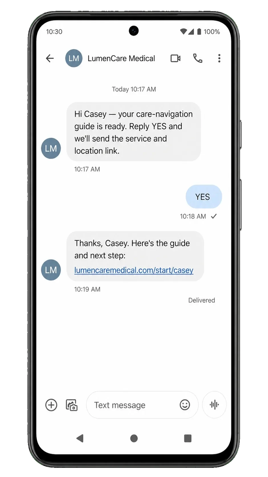Care-navigation follow-up text, addressed by first name: your care-navigation guide is ready, reply YES and we’ll send the service and location link; the YES; then the guide and the next-step link.
