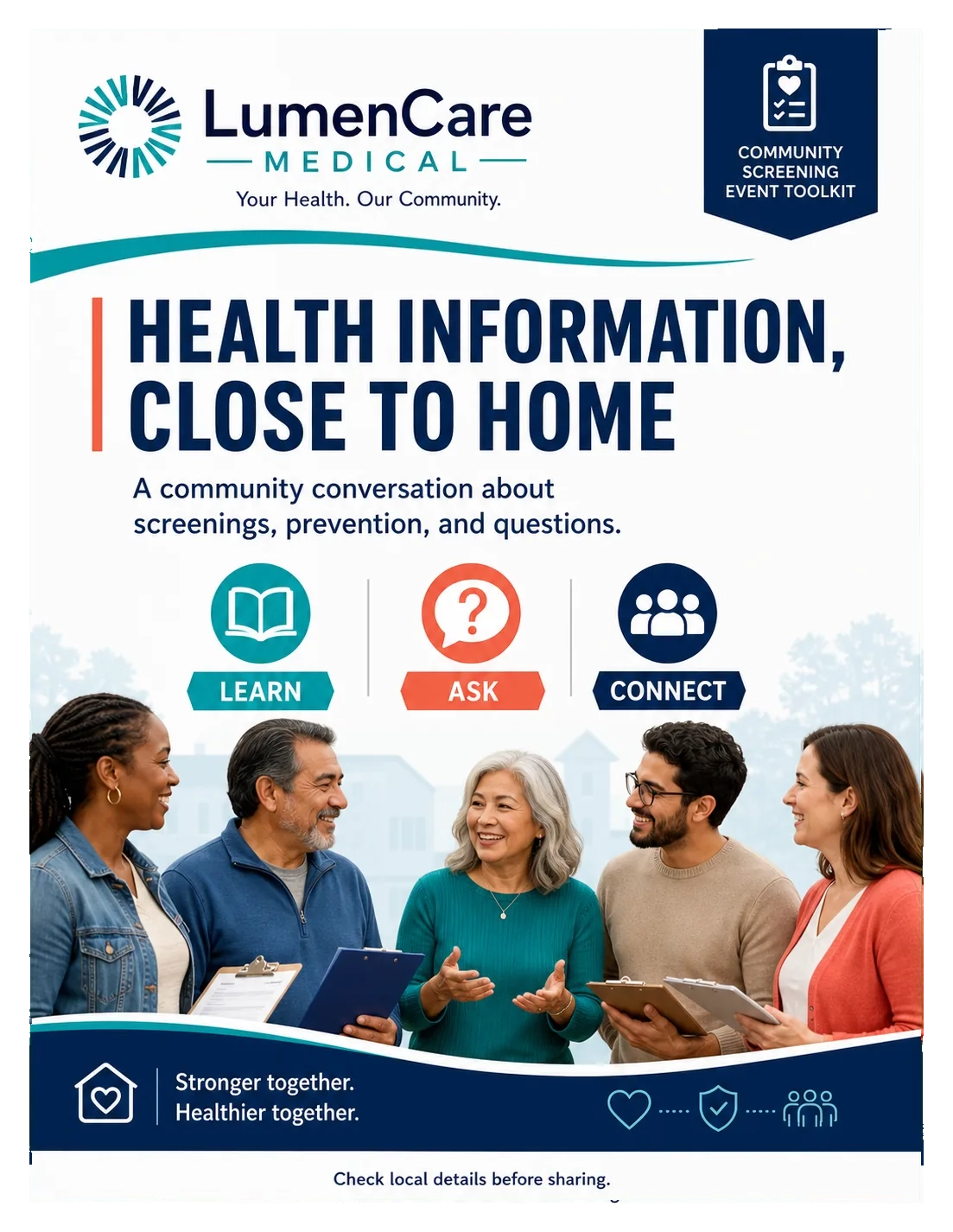 Community-screening event toolkit: health information, close to home; a community conversation about screenings, prevention and questions; learn, ask, connect; check local details before sharing.
