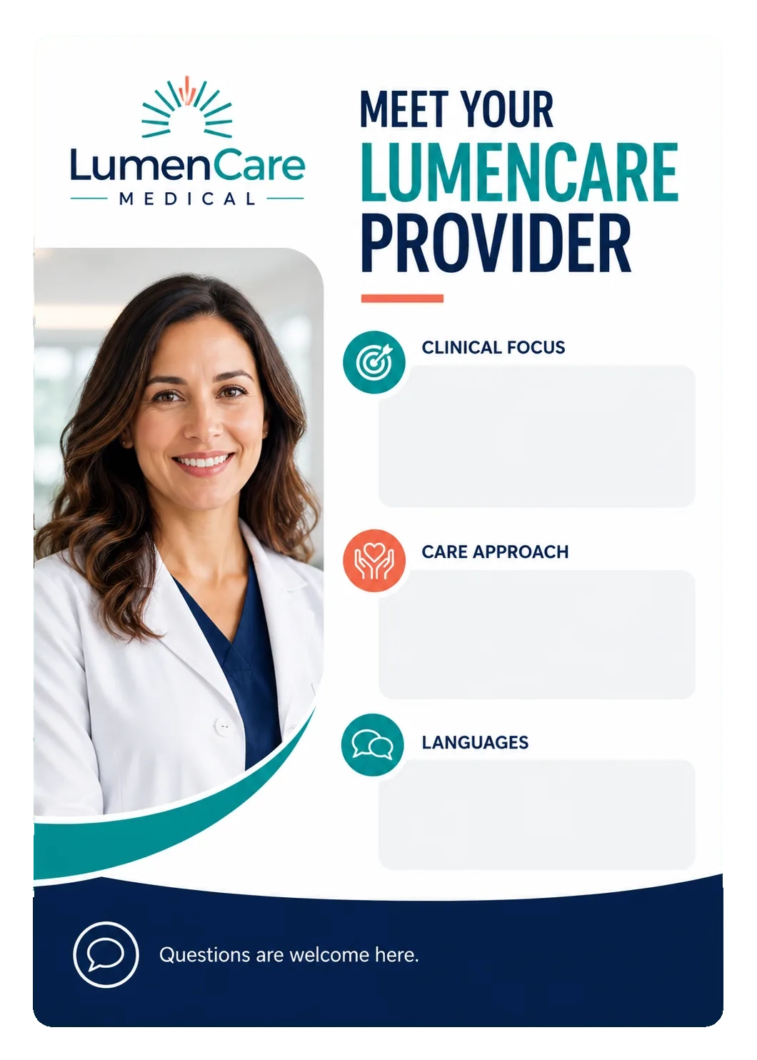 Provider credential card: meet your provider; clinical focus, care approach and languages left open, filled per provider on the press; questions are welcome here.