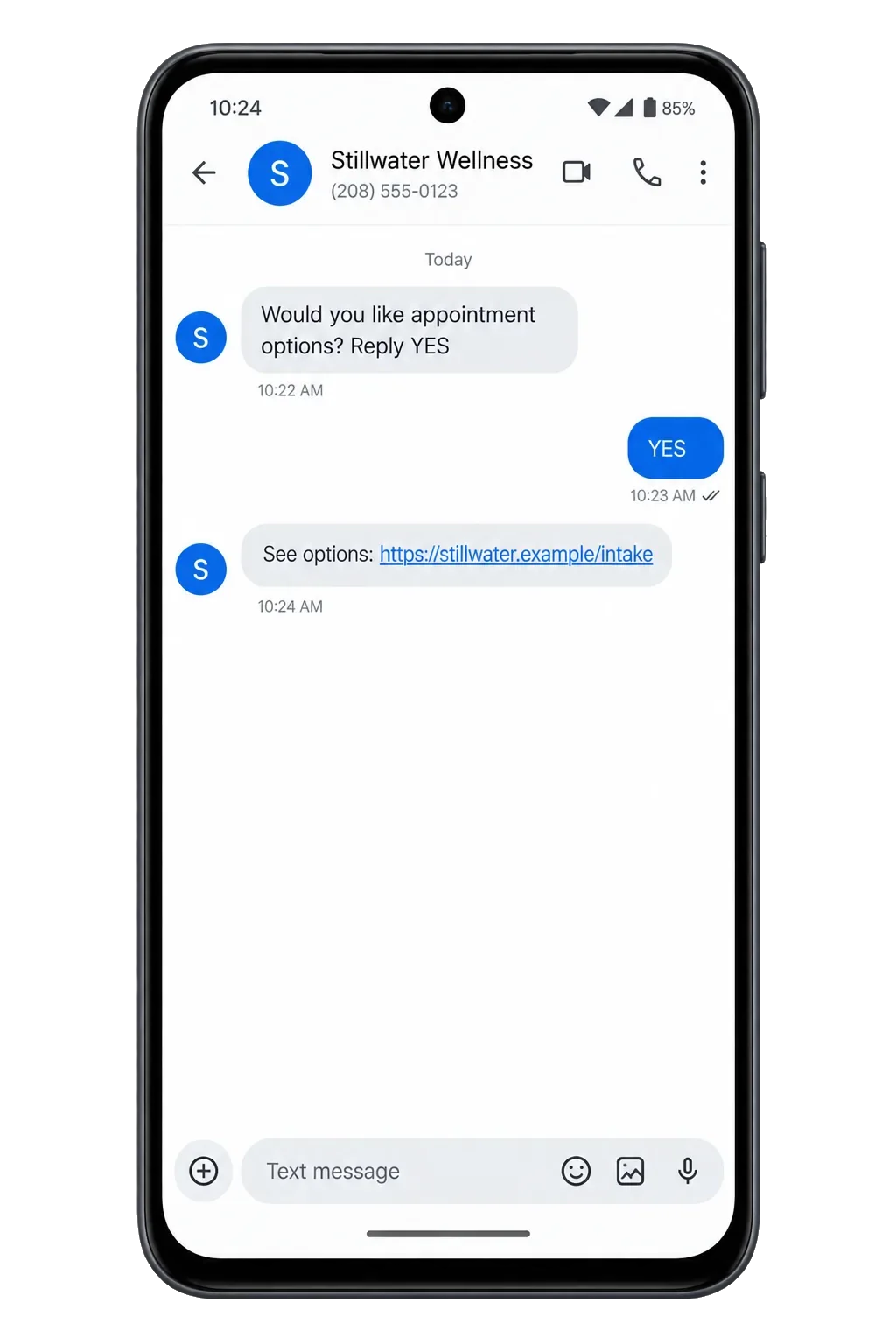 Appointment-information text: would you like appointment options, reply YES; the YES; then see options, the intake link.