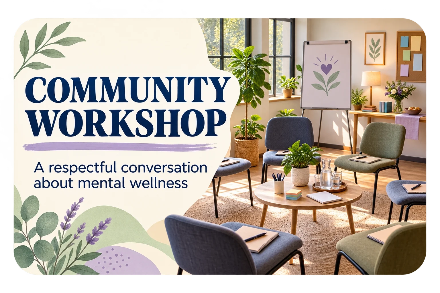 Community workshop postcard: community workshop, a respectful conversation about mental wellness; the room set for the talk, chairs in a circle.
