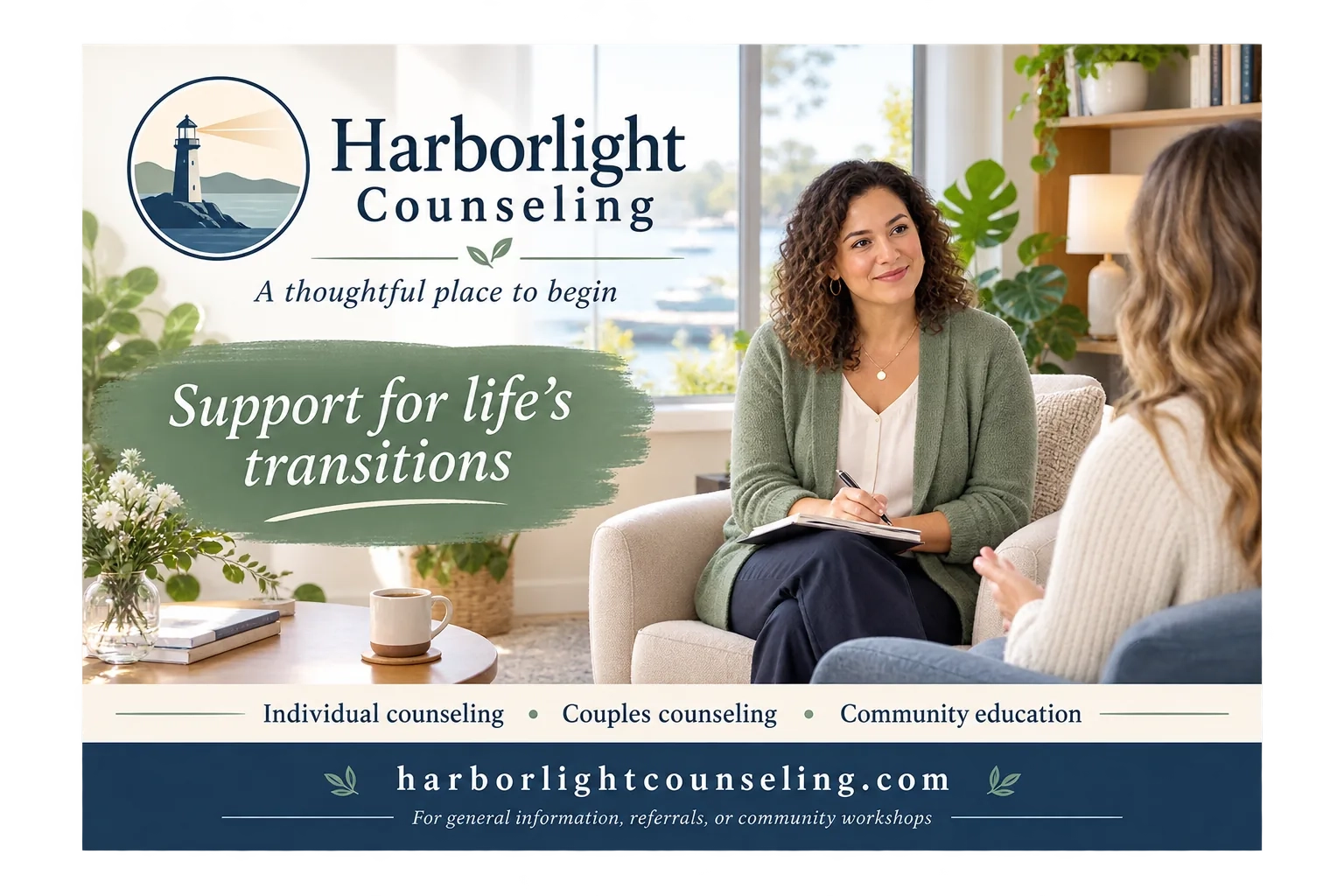 Practice guide: a thoughtful place to begin, support for life’s transitions; individual counseling, couples counseling, community education; the practice’s web address, for general information, referrals or community workshops.
