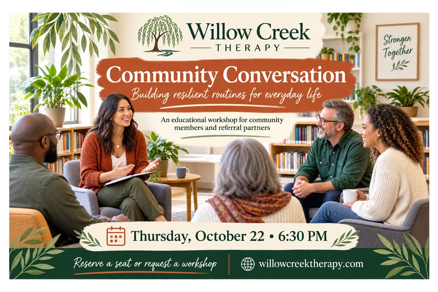 Workshop invitation: community conversation, building resilient routines for everyday life; an educational workshop for community members and referral partners; the date and time printed on the card; reserve a seat or request a workshop, the practice’s web address.