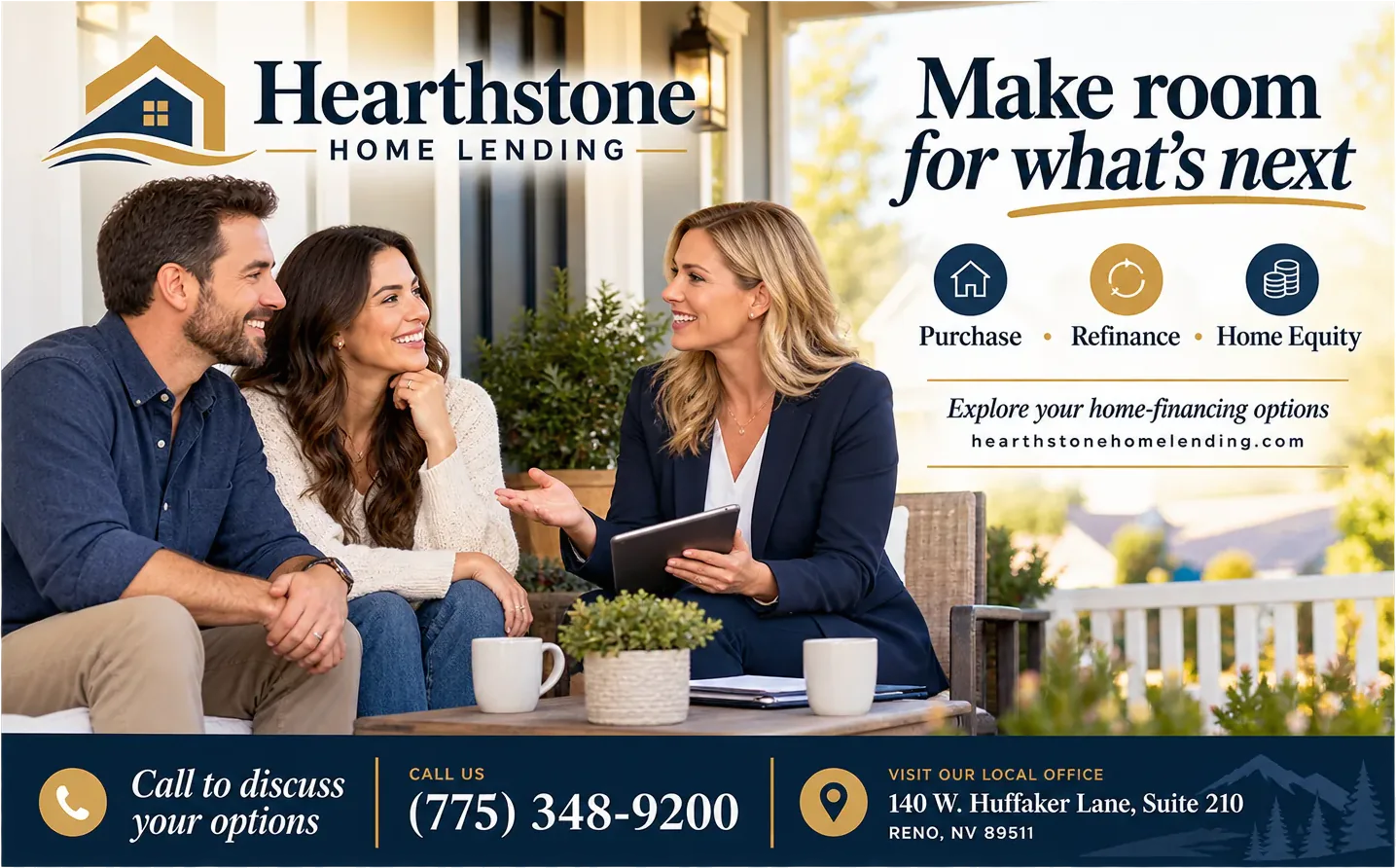 Direct-mail lead piece: make room for what’s next; purchase, refinance and home equity across the head, explore your home-financing options and the lender’s own address, with a call-to-discuss line, a phone number and a local-office address along the foot.