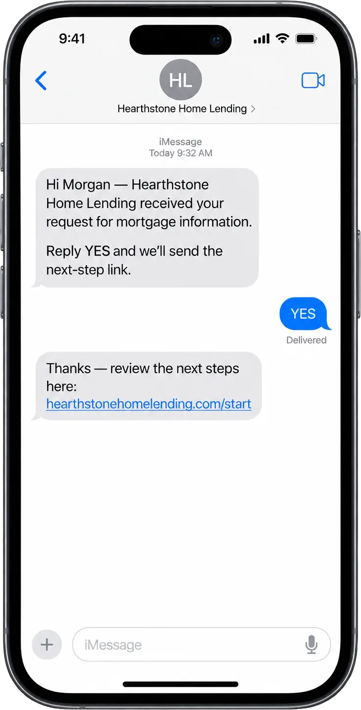 Post-inquiry text, addressed by first name: the lender received your request for mortgage information, reply YES and we’ll send the next-step link; the YES, then review the next steps here and the lender’s own link.