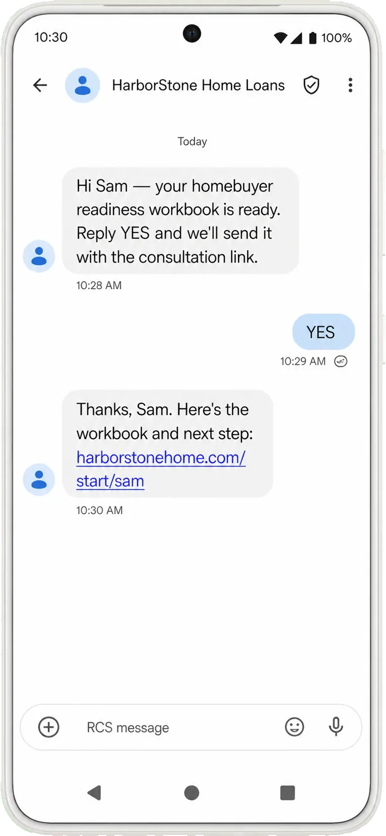 Post-inquiry text, addressed by first name: your homebuyer readiness workbook is ready, reply YES and we’ll send it with the consultation link; the YES, then the workbook and next step, and the lender’s own link.