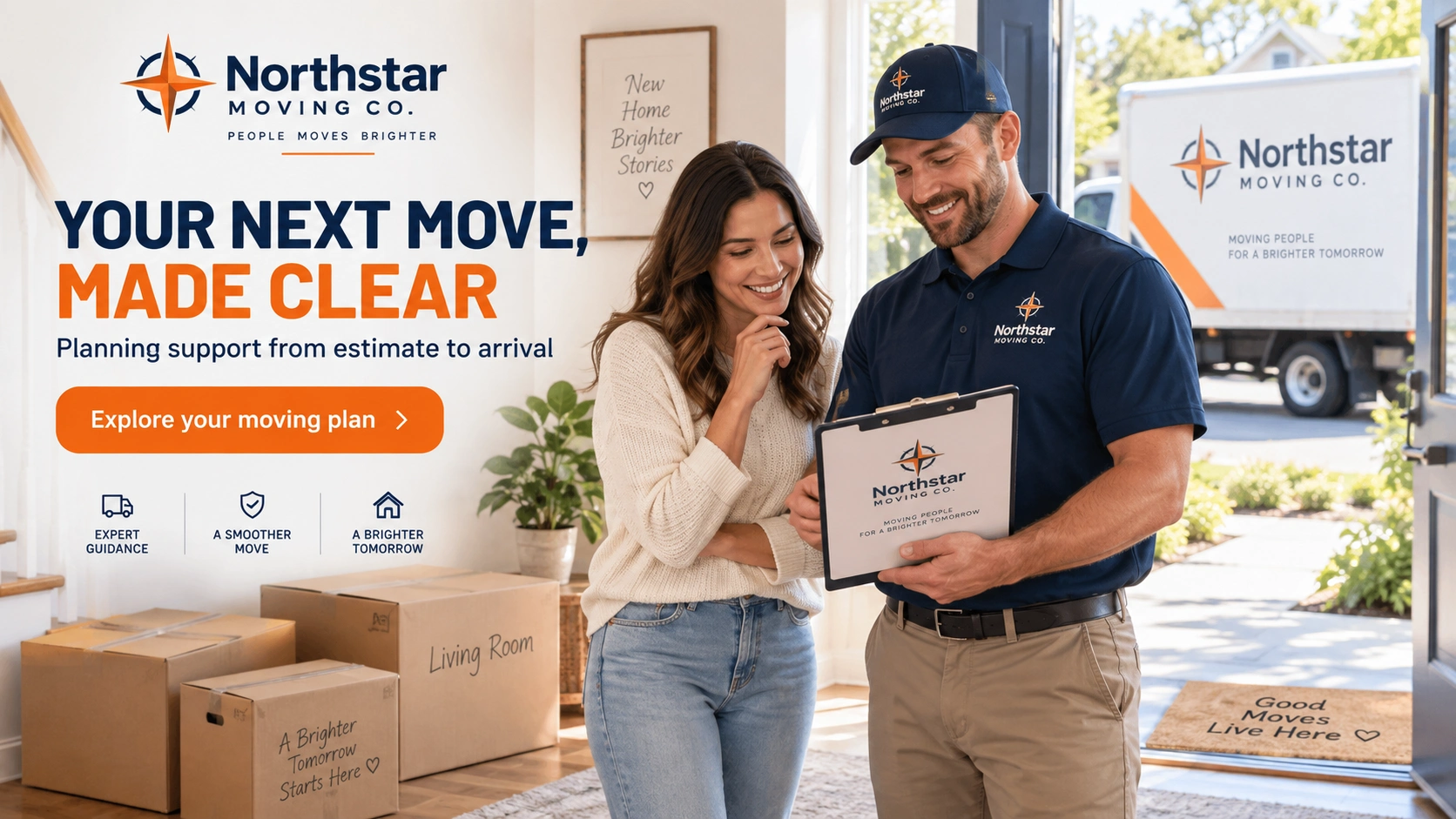 Estimate page: your next move, made clear; planning support from estimate to arrival; the crew member and the customer over the clipboard with the labelled cartons beside them. Where the ad’s button and the text’s link both send a household.