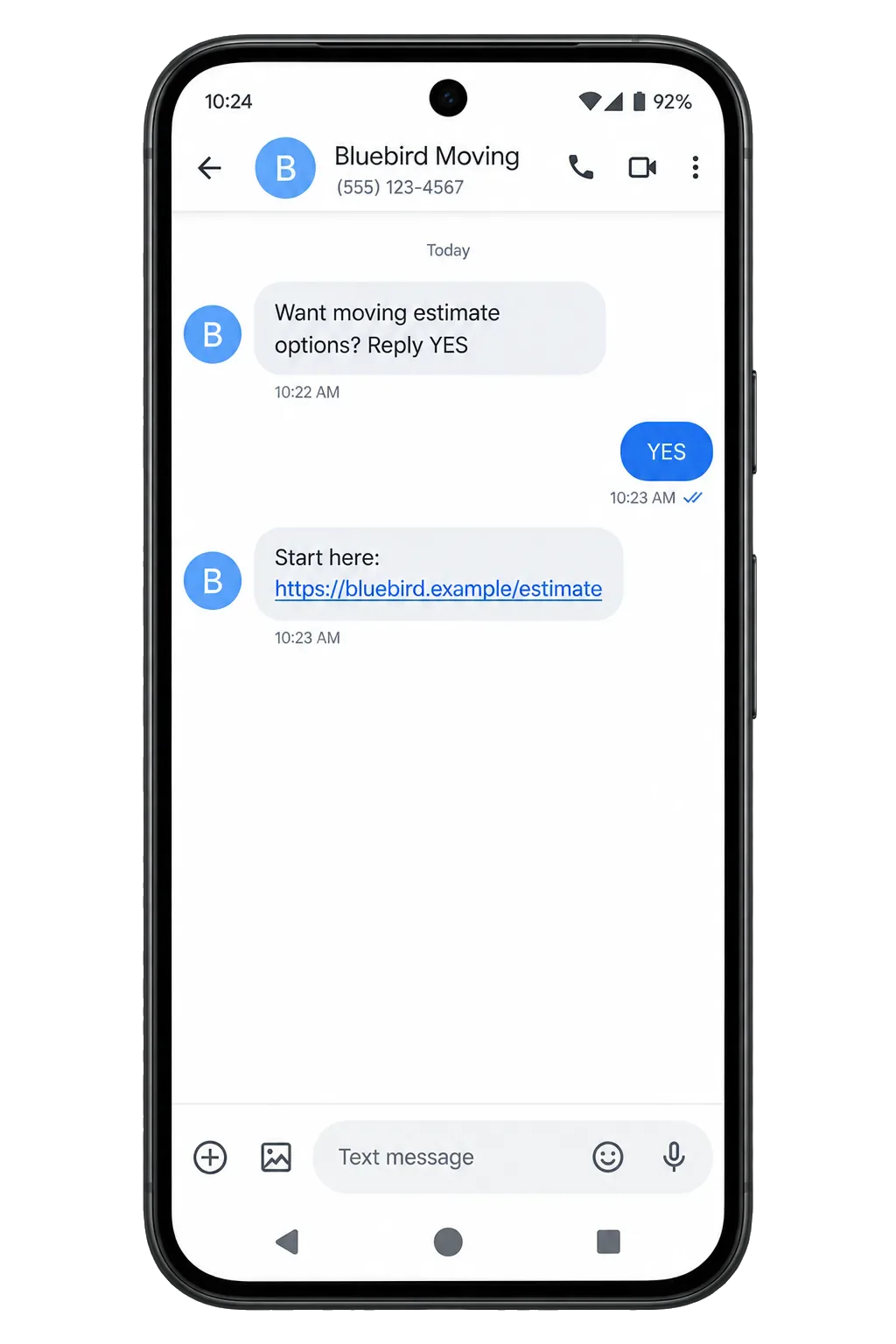 Android thread: want moving estimate options? Reply YES; the YES; then the estimate link, and no further message.