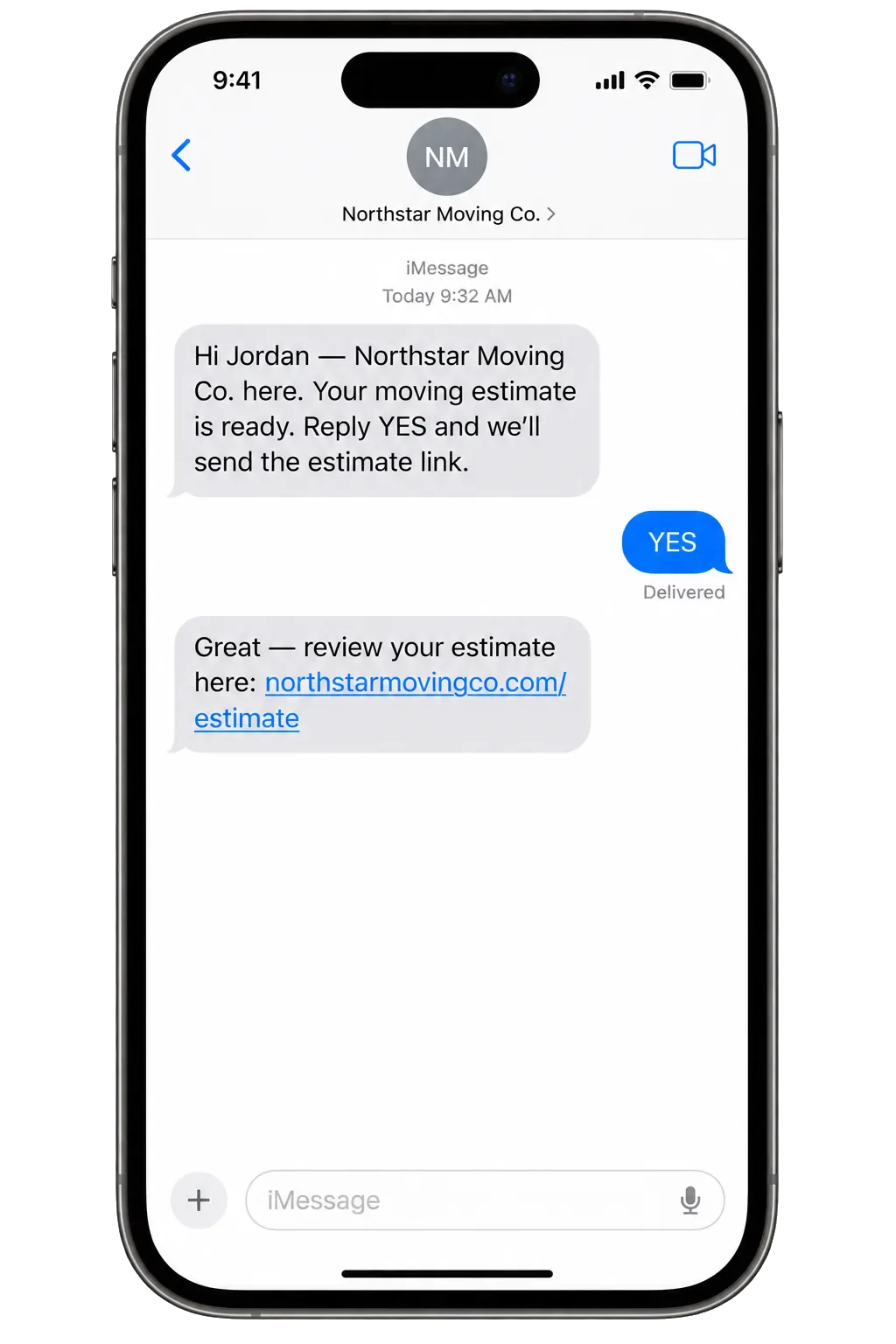 iPhone thread: the moving estimate is ready; reply YES and we’ll send the estimate link; the YES; then the estimate link.