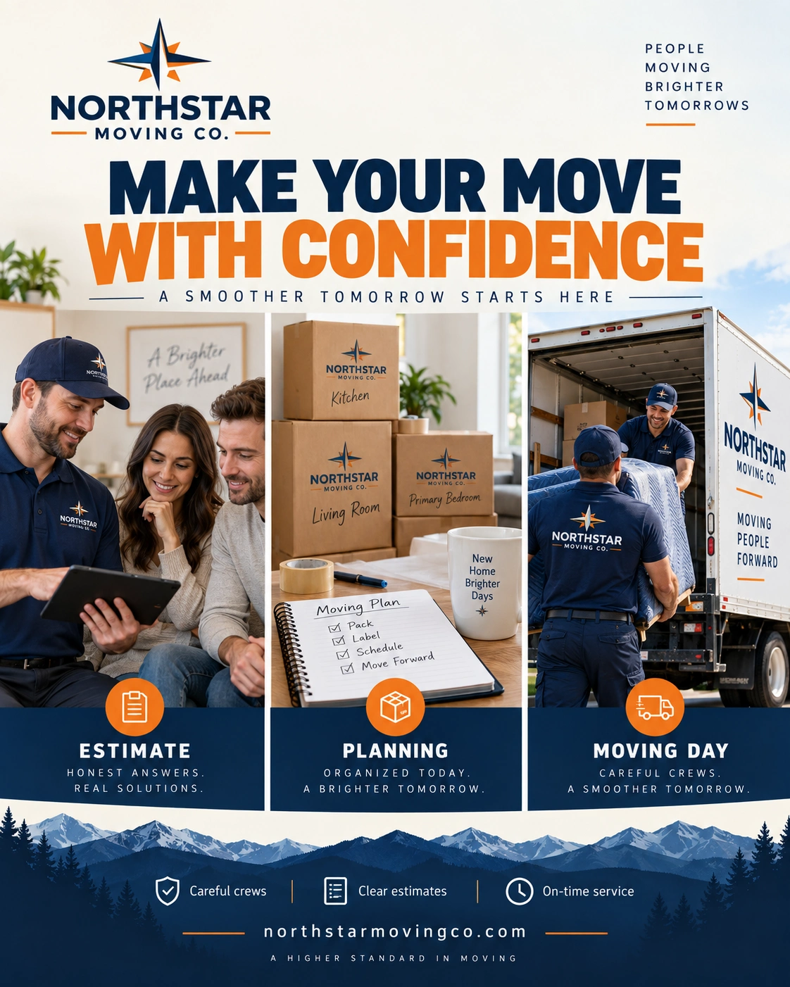 Local-services carousel: make your move with confidence; estimate, planning, moving day; the consultation over the tablet, the labelled cartons with the moving plan, and the crew at the truck.