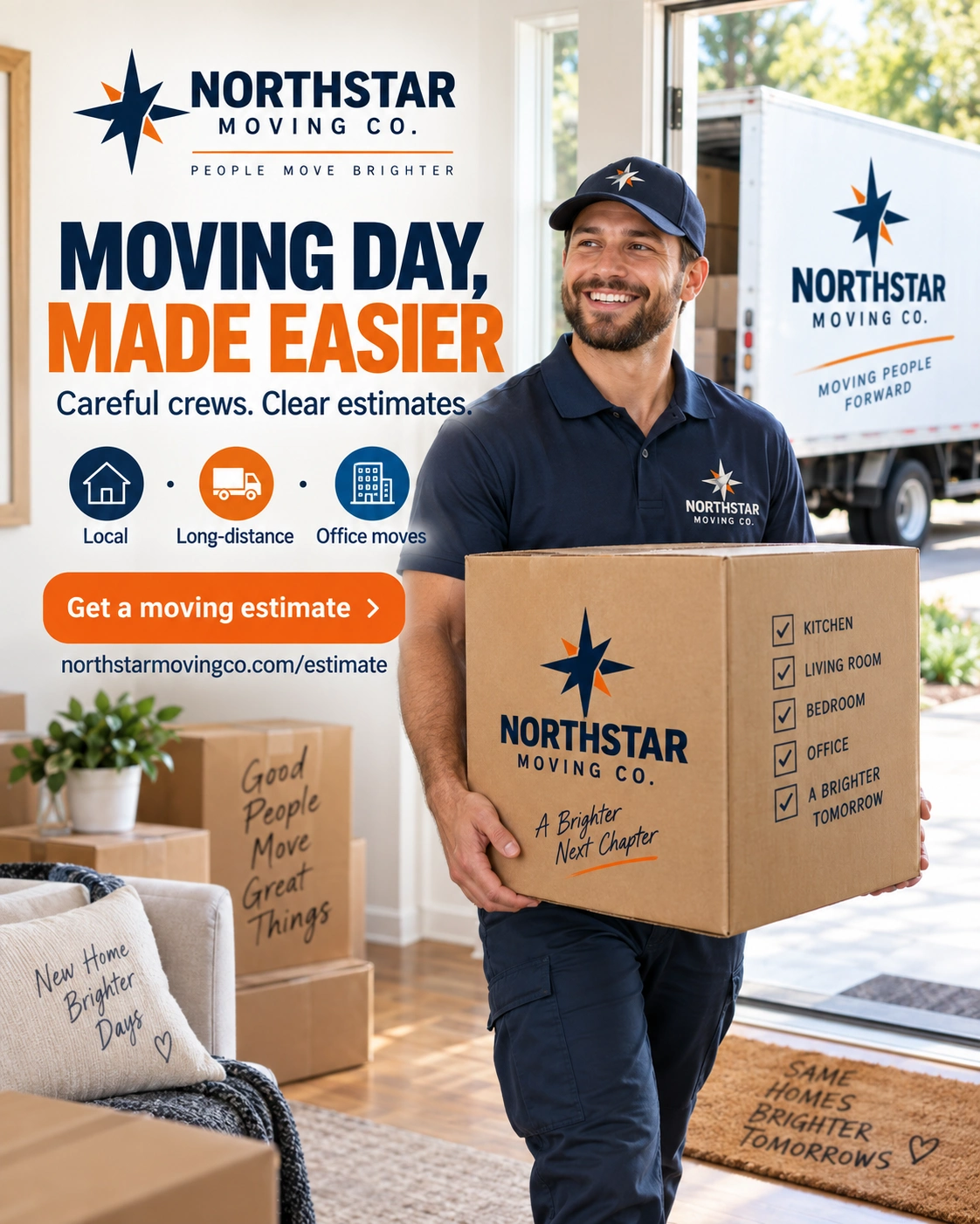 Feed unit: moving day, made easier; careful crews, clear estimates; the crew member carrying a labelled carton through the hall; the estimate call to action at the foot.