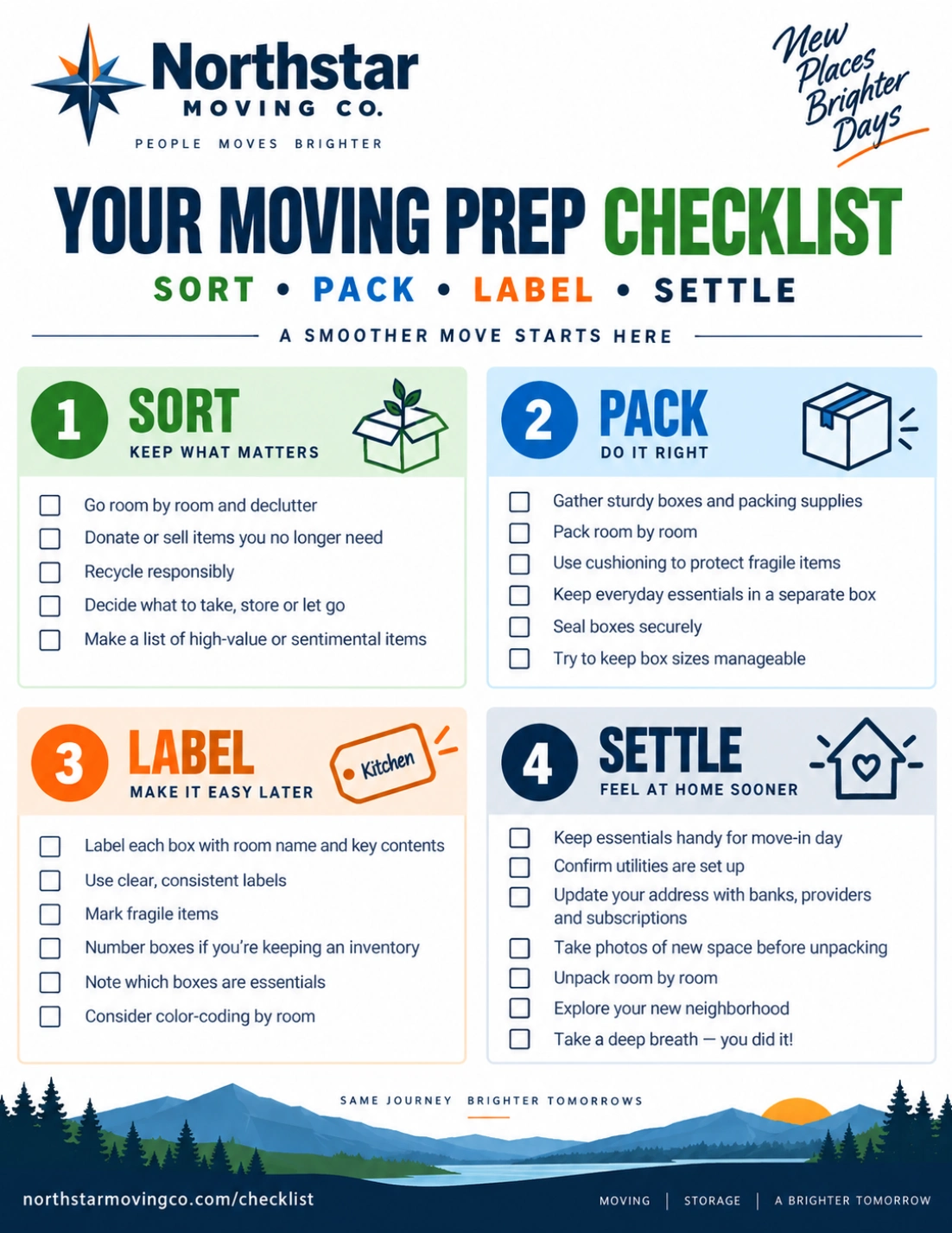 Moving prep checklist: sort, pack, label, settle; go room by room, use sturdy boxes, write room names, unpack essentials first.