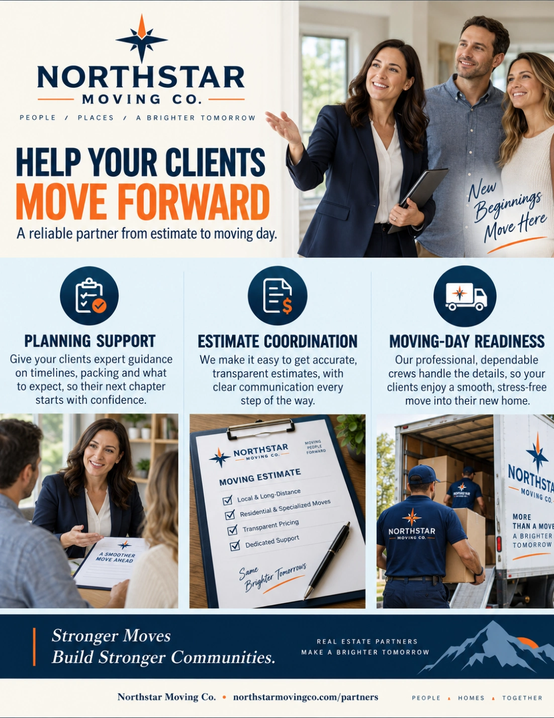 Realtor and partner one-sheet: help your clients move forward; planning support, estimate coordination, moving-day readiness.