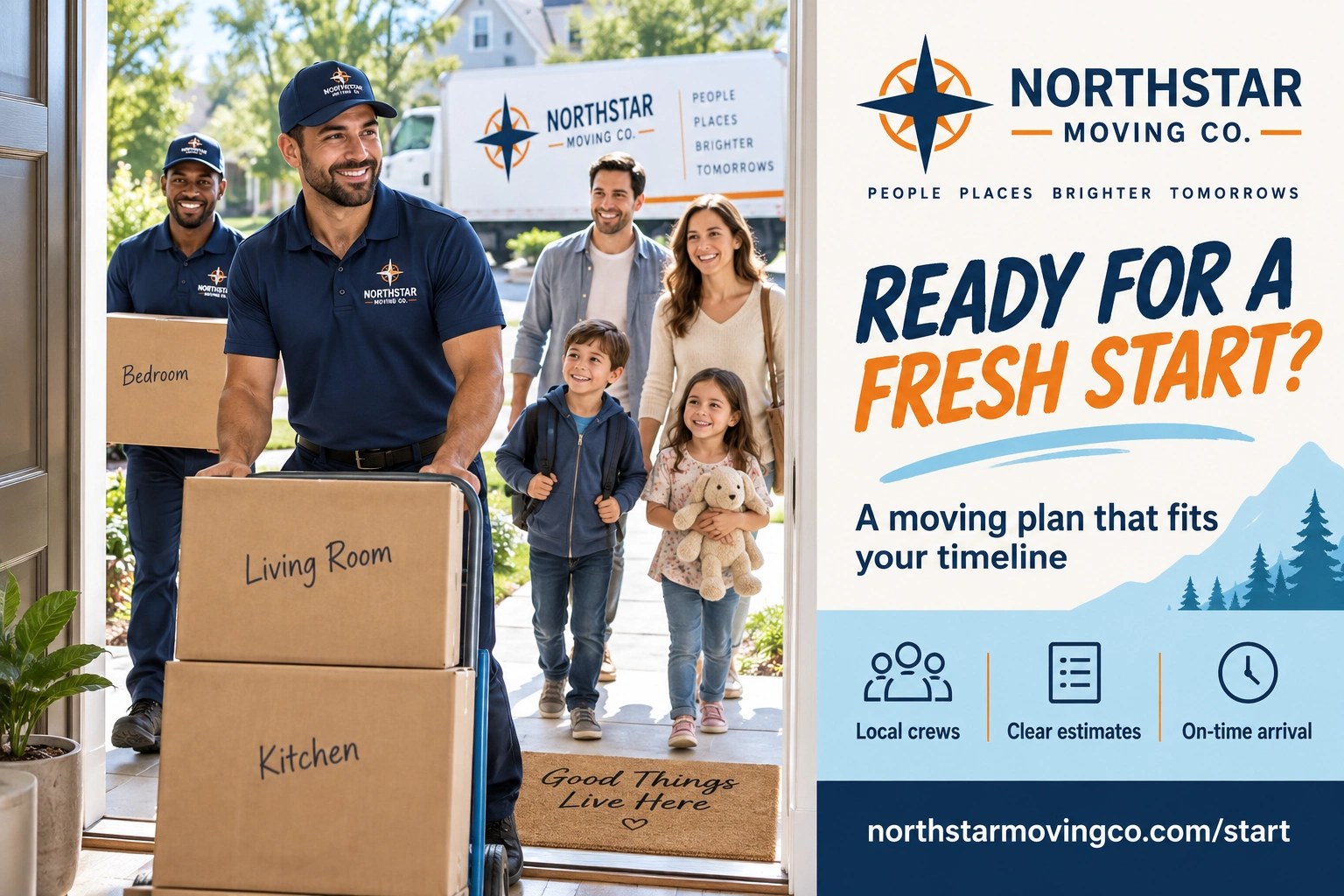 Relocation postcard: ready for a fresh start? a moving plan that fits your timeline; the crew wheeling cartons to the open door and the household arriving behind them.