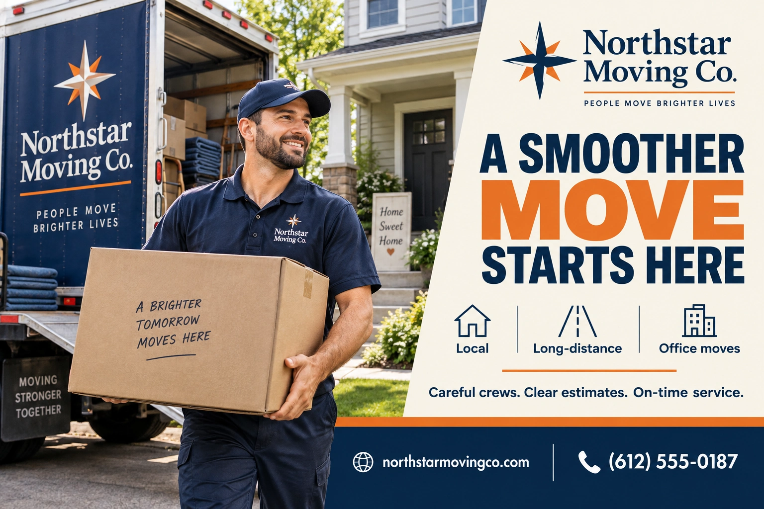 Targeted postcard: a smoother move starts here; local, long-distance and office moves; the crew member carrying a labelled carton up the walk to the loaded truck; the company’s own web address and phone at the foot.