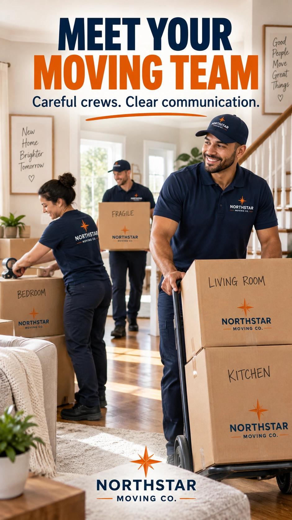 Team-profile Reel cover: meet your moving team; the three crew members taping and wheeling cartons in the front room.