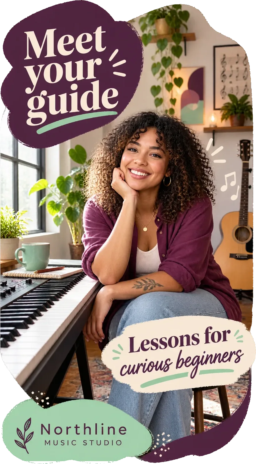 Instructor profile Reel: meet your guide, lessons for curious beginners, an instructor sitting at a keyboard with a guitar on its stand behind her and the studio’s own name at the foot.