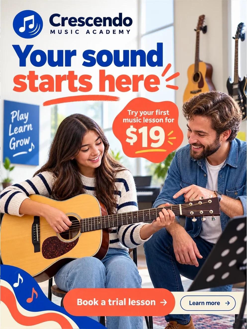 Enrollment feed unit: your sound starts here, the academy’s own lockup above and a first-lesson offer at a named price beside it, a lesson in progress beneath, and book a trial lesson and learn more across the foot.