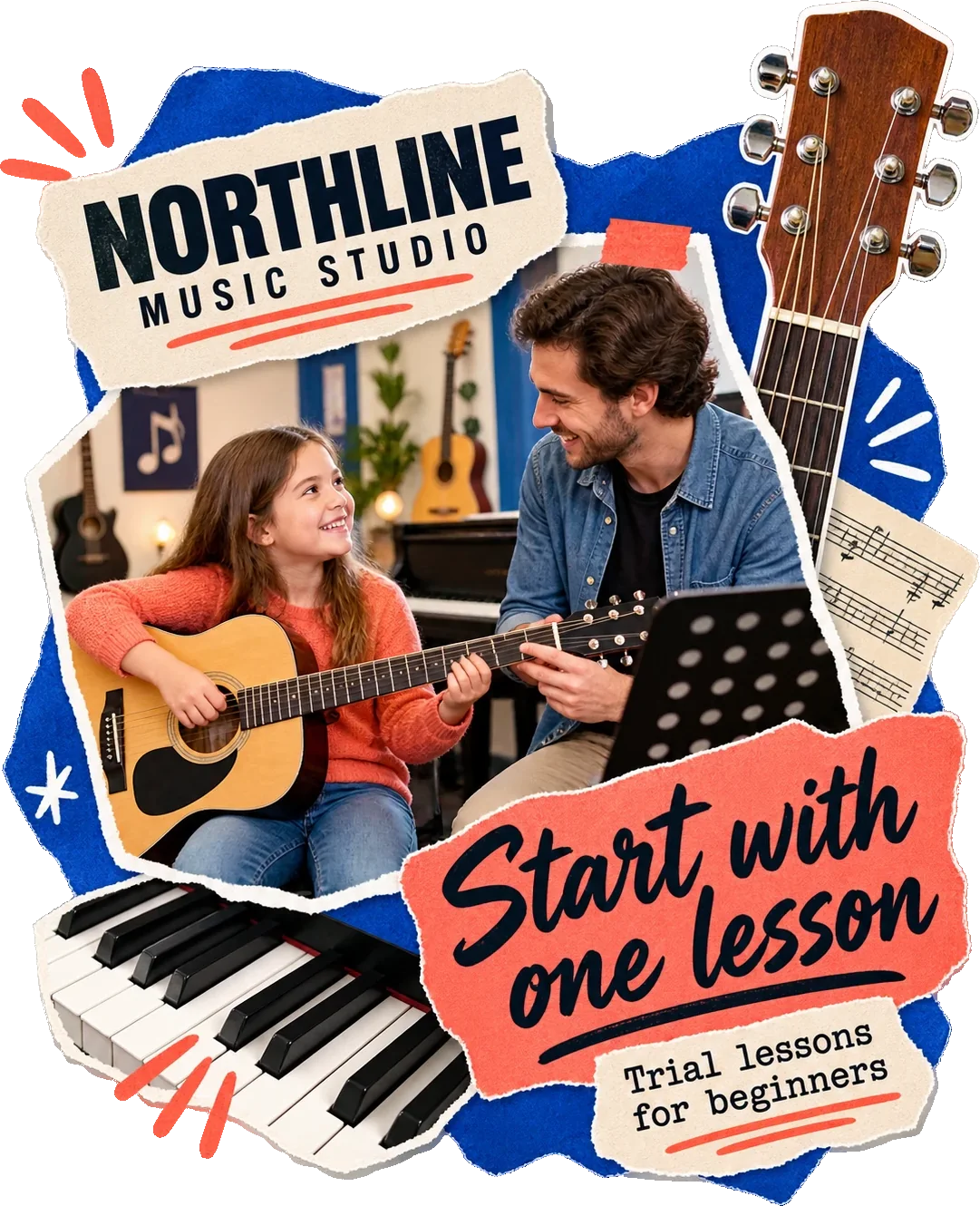 Trial-enrollment carousel: start with one lesson, trial lessons for beginners, over a lesson at the guitar with a keyboard and sheet music torn in around it, and the studio’s own name at the head.