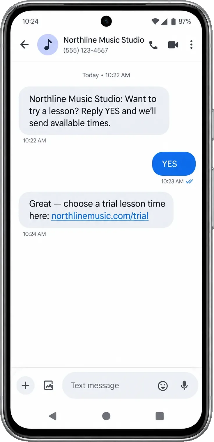 Trial follow-up thread: the studio here, want to try a lesson, reply YES and we’ll send available times, then choose a trial lesson time and the studio’s own trial link.