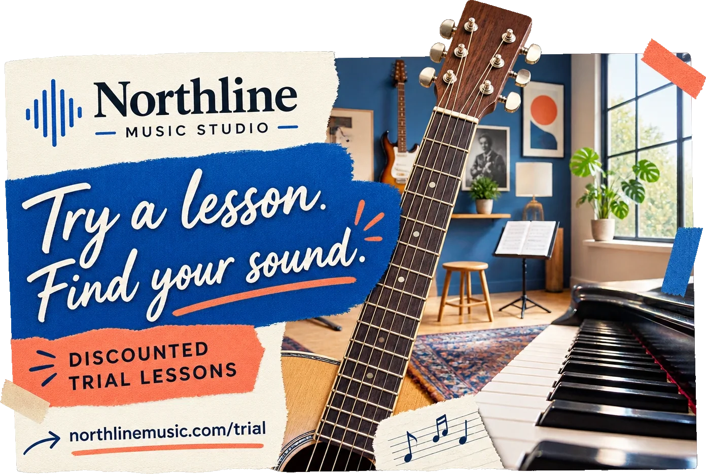 Trial-lesson postcard: try a lesson, find your sound, under the studio’s own lockup, with discounted trial lessons marked beneath it, the studio room and its instruments across the right, and the studio’s own trial address at the foot.