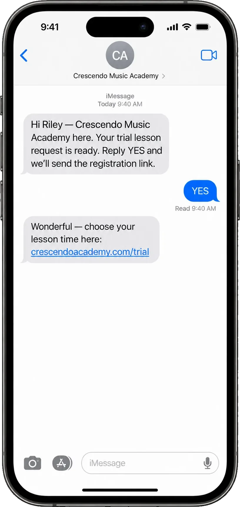 Trial-lesson thread, addressed by first name: the academy here, your trial lesson request is ready, reply YES and we’ll send the registration link, then choose your lesson time and the academy’s own trial link.