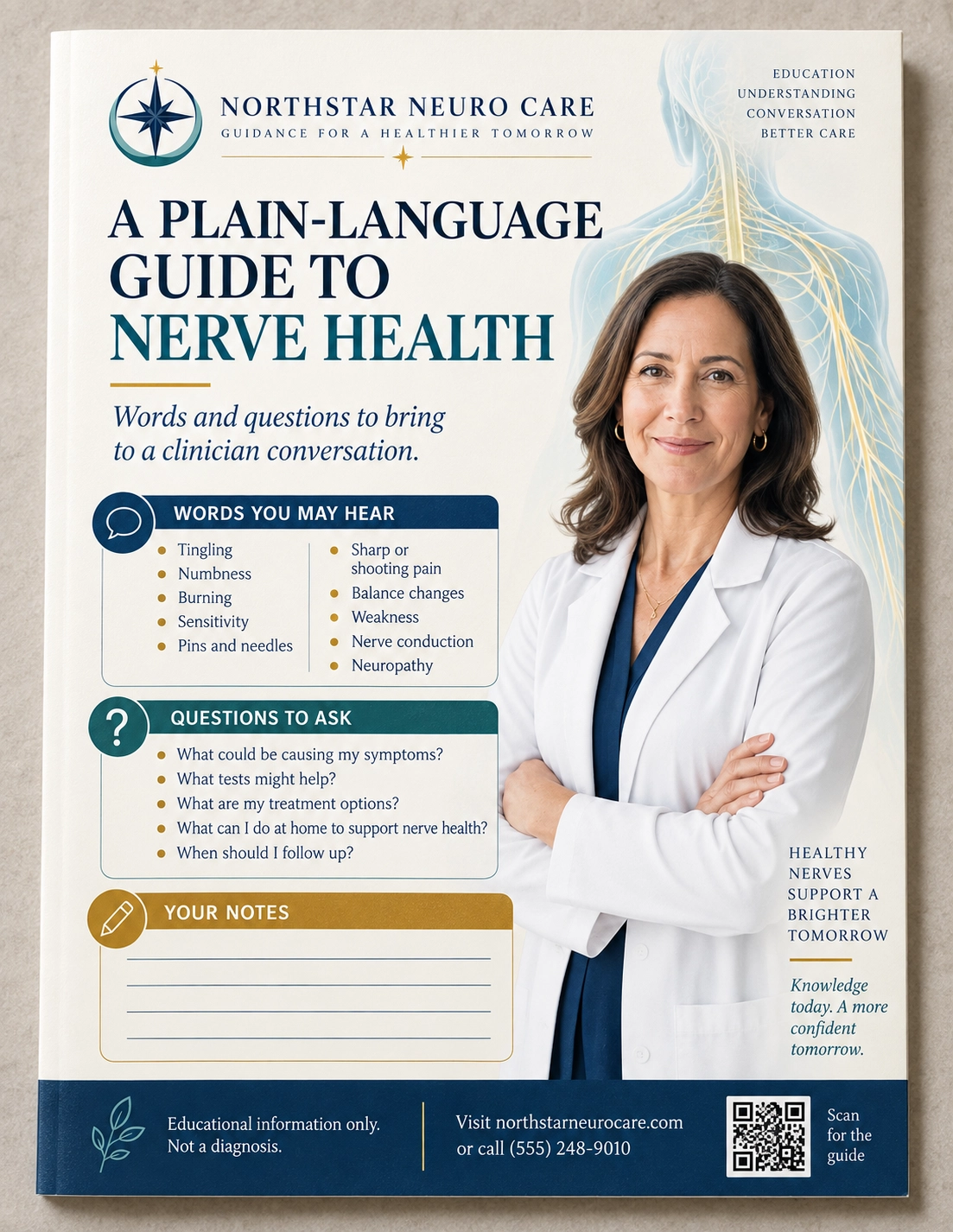 Educational guide: a plain-language guide to nerve health, words and questions to bring to a clinician conversation; words you may hear, questions to ask, your notes; educational information only, not a diagnosis; bring this guide to your next conversation.