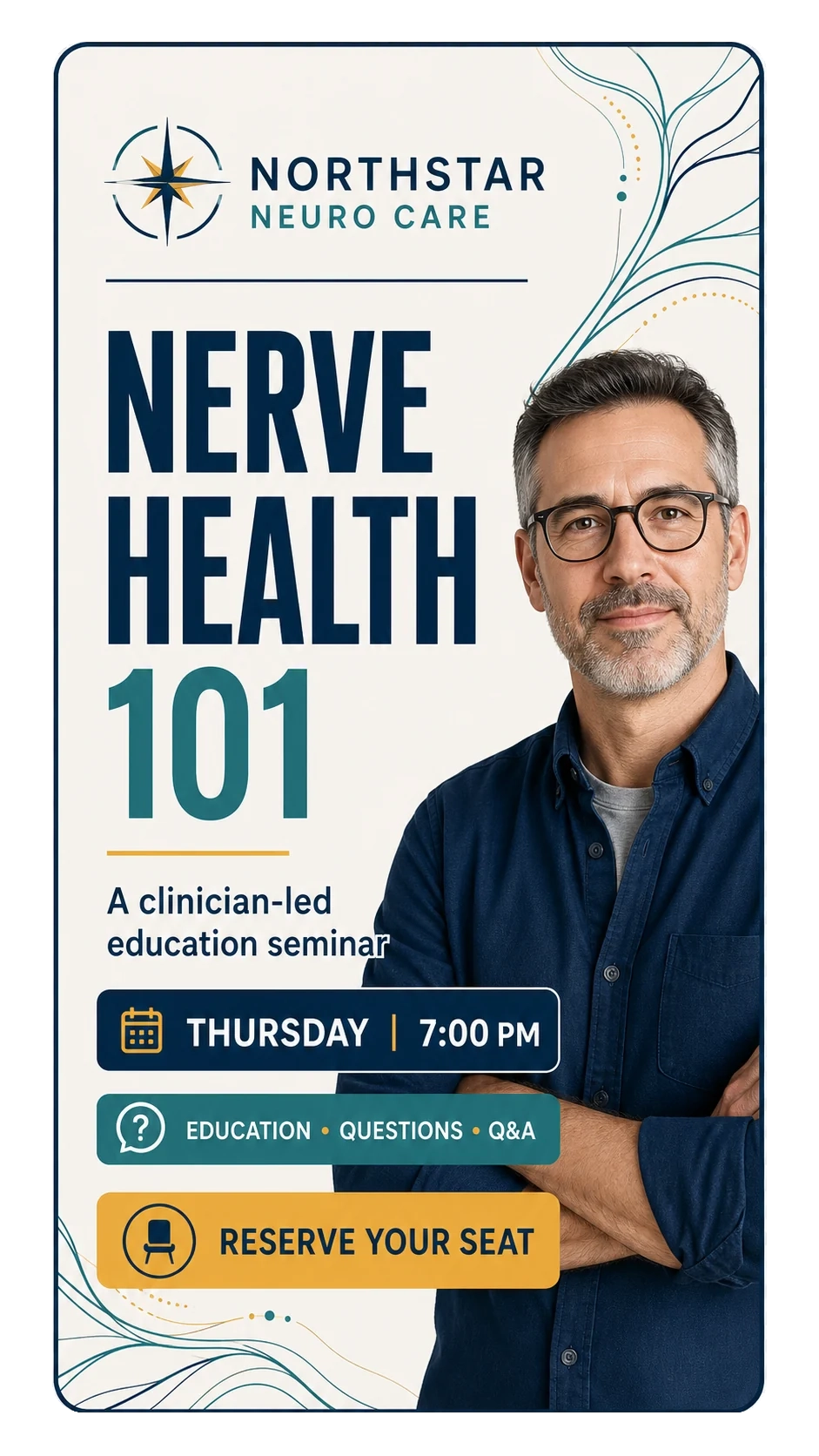 Clinician education Reel cover: nerve health 101, a clinician-led education seminar; the day and the hour; education, questions, Q&A; reserve your seat.